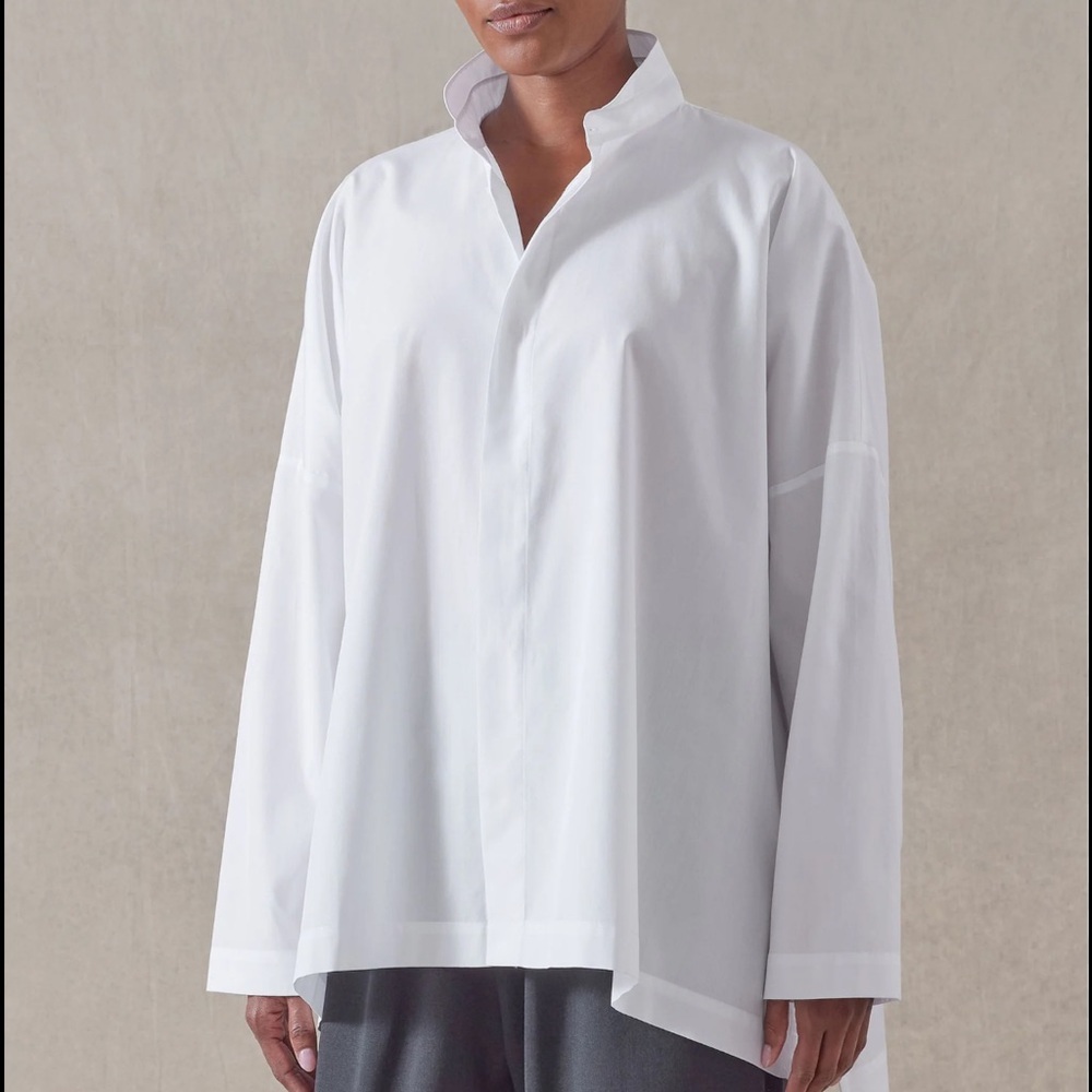 Eskandar | Cotton Wide Double Stand Collar Shirt Boxy Drop Shoulder Longer Back